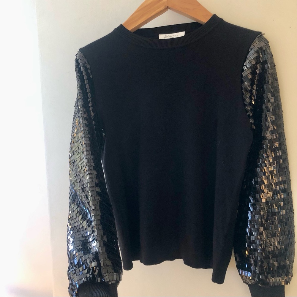 Women's Black Crewneck Top with Black Sequin Sleeves